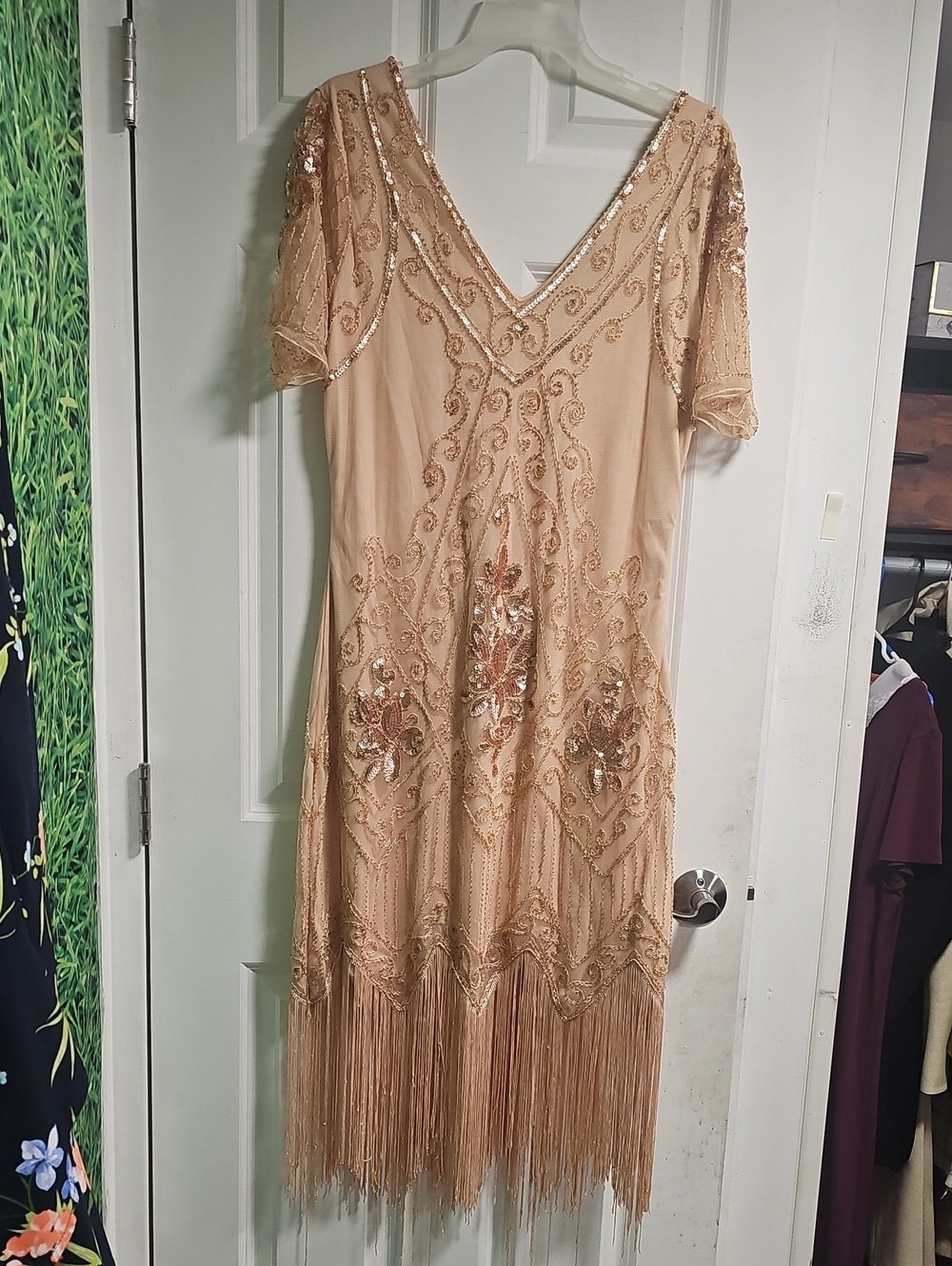Beaded Fringe Evening Dress - Blush/Tan